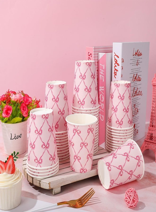 JarThenaAMCS أكواب ورقية من JarThenaAMCS، 100 قطعة، مزينة بفيونكة وردية، أكواب لطيفة للاستخدام مرة واحدة، سعة 9 أونصات، مثالية للحفلات وأعياد الميلاد وحفلات استقبال المولود الجديد وحفلات توديع العزوبية وحفلات الزفاف. - Image 3